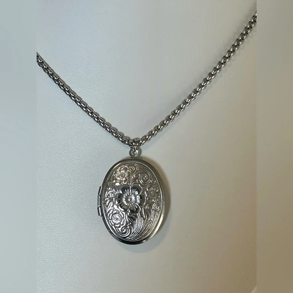 Floral Locket Necklace, Sterling Silver over Stainless Steel - Picture 2 of 9